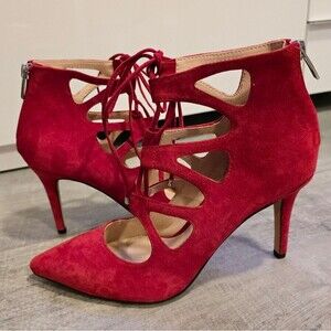 Vince Camuto Bodell Lace Up Dress Pump Heels in red suede 7 NWOB